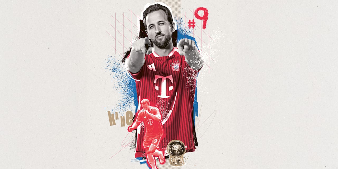 Illustration of Harry Kane with portraits, the number nine and the Ballon d'Or