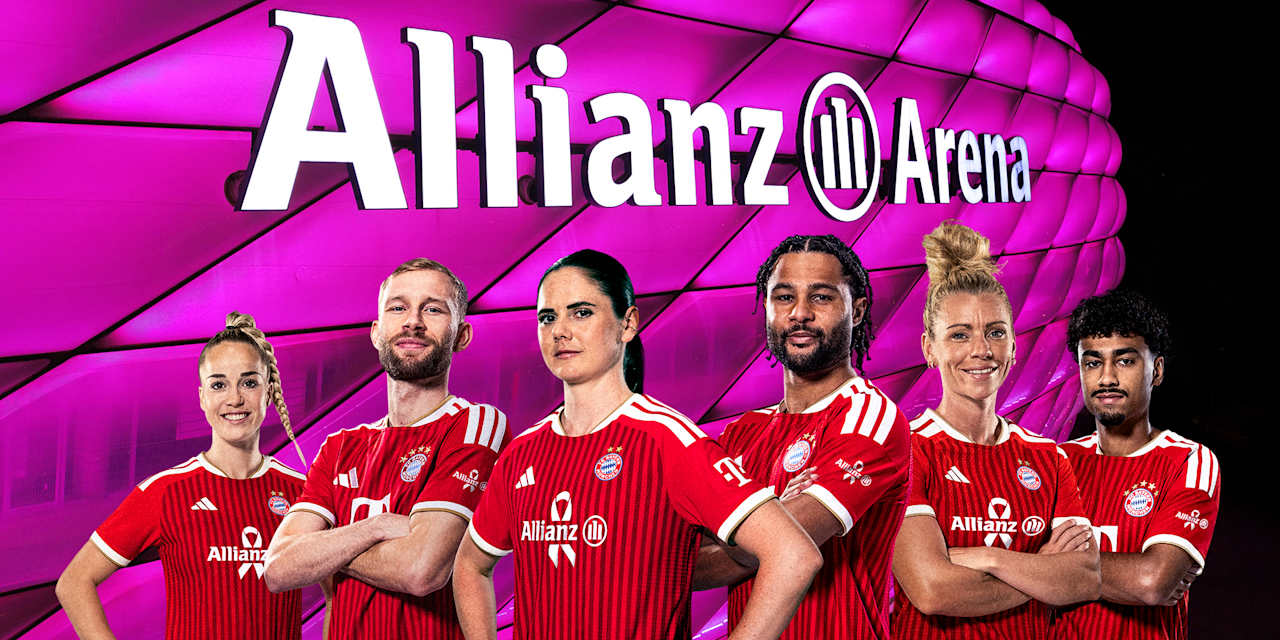 Kollage: Spieler und Spielerinnen des FC Bayern stehen vor der pink beleuchteten Allianz Arena