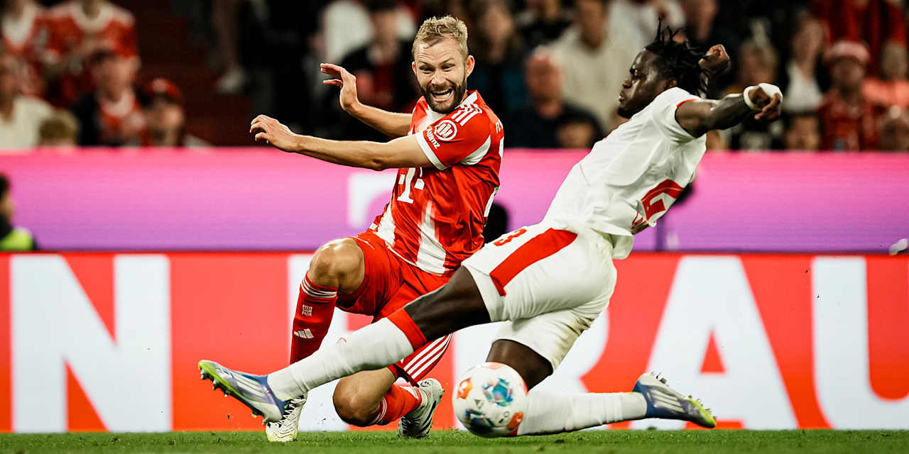 Konrad Laimer im Zweikampf während des Bundesligaauftakts zwischen dem FC Bayern und RB Leipzig