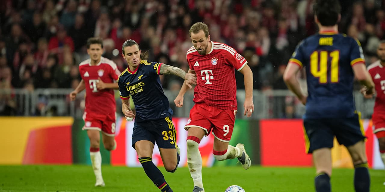 Harry Kane mit Ball am Fuß während des Champions League-Heimspiels des FC Bayern gegen den FC Arsenal