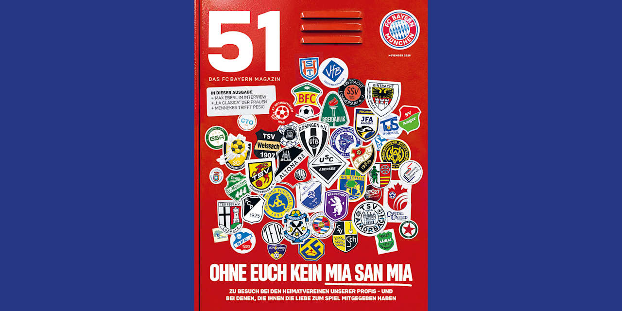 Cover des FC Bayern Magazin 51 November 2026 mit Wappen der Jugendclubs der FC Bayern-Profis - ohne euch kein Mia san mia