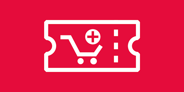 Rote Kachel mit Aufdruck Einkaufswagen und + - für Direktkauf