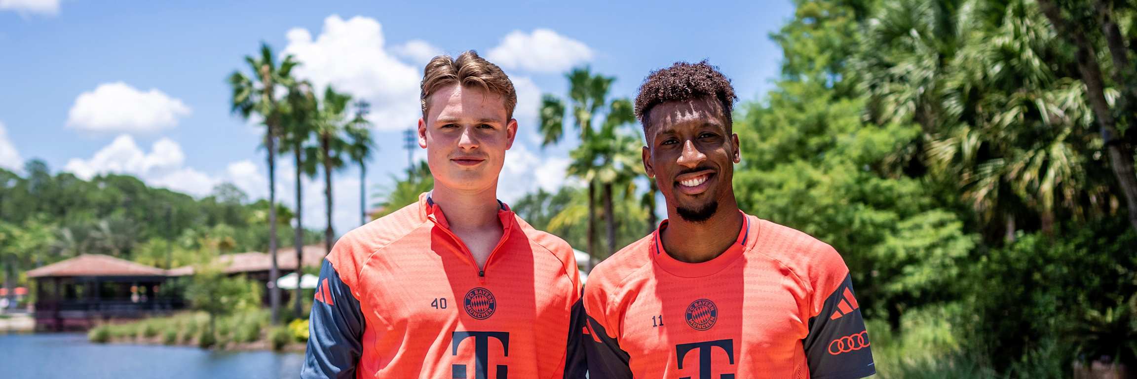 Jonas Urbig and Kingsley Coman outside FC Bayern's base camp at the Club World Cup