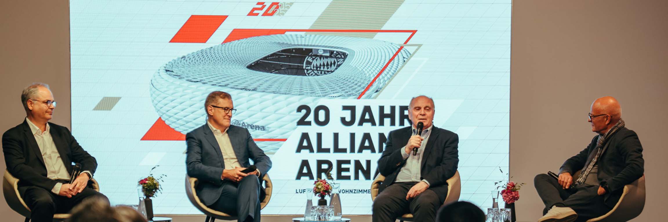 Panel discussion with (from left) Jürgen Muth, Jan-Christian Dreesen and Uli Hoeneß at the opening of the FC Bayern Museum special exhibition: ‘20 Years of the Allianz Arena – Beacon, Home, Stage’