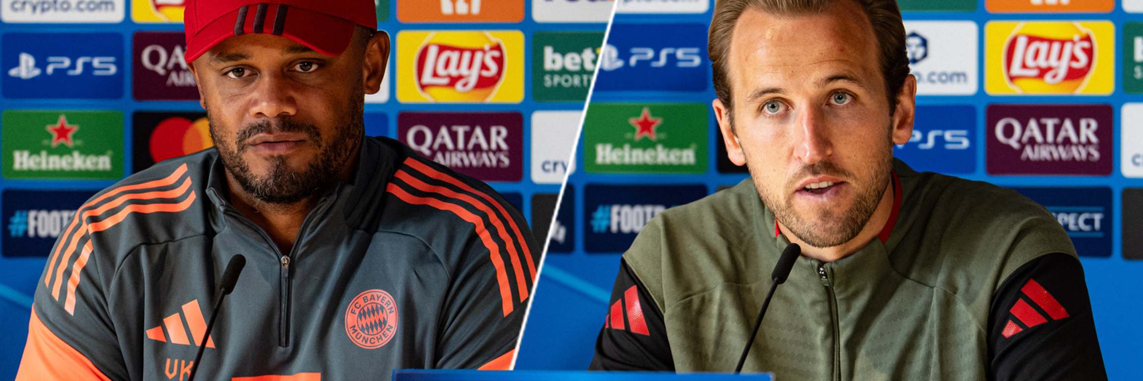 Harry Kane und Vincent Kompany auf der Pressekonferenz des FC Bayern vor dem Champions League-Spiel gegen Chelsea