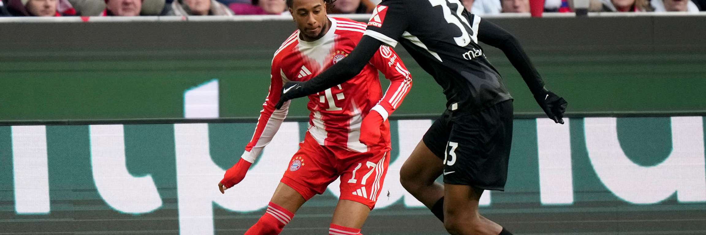 Michael Olise im Duell mit Johan Manzambi Bundesliga-Spiel des FC Bayern gegen den SC Freiburg.