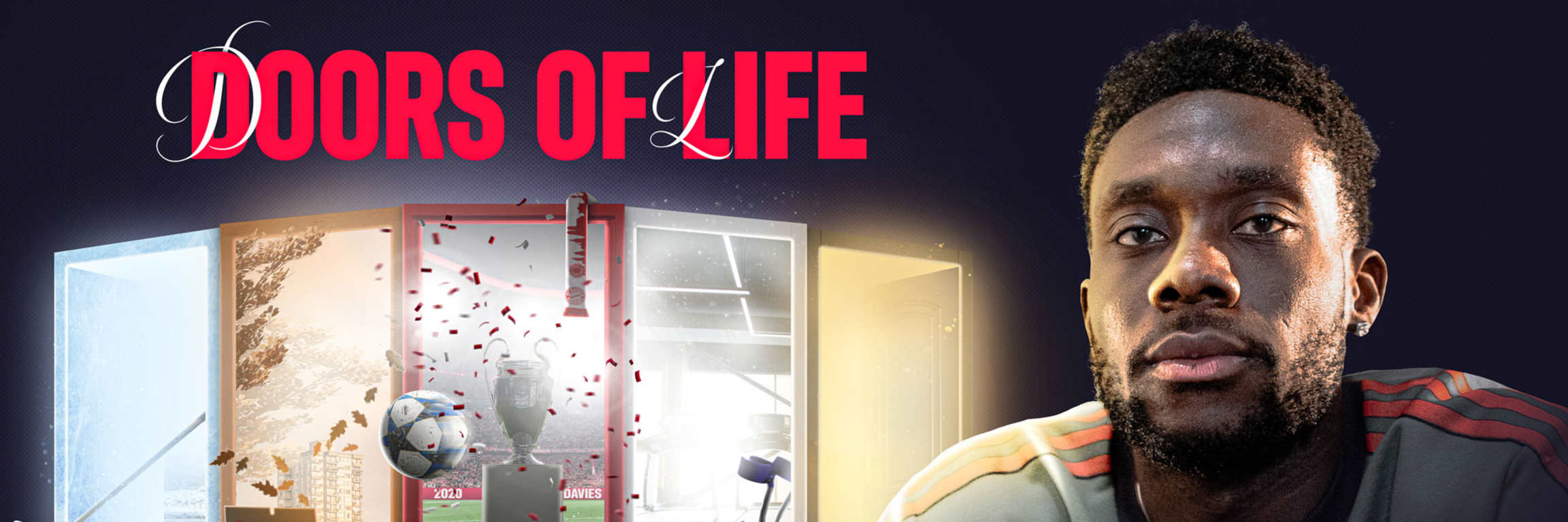 Grafik mit einem Foto von Alphonso Davies und fünf Türen