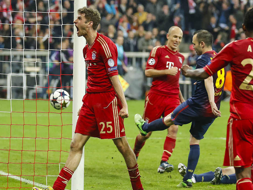 Thomas Müller celebrates against Barcelona in the 2012/13 Champions League semi-final.