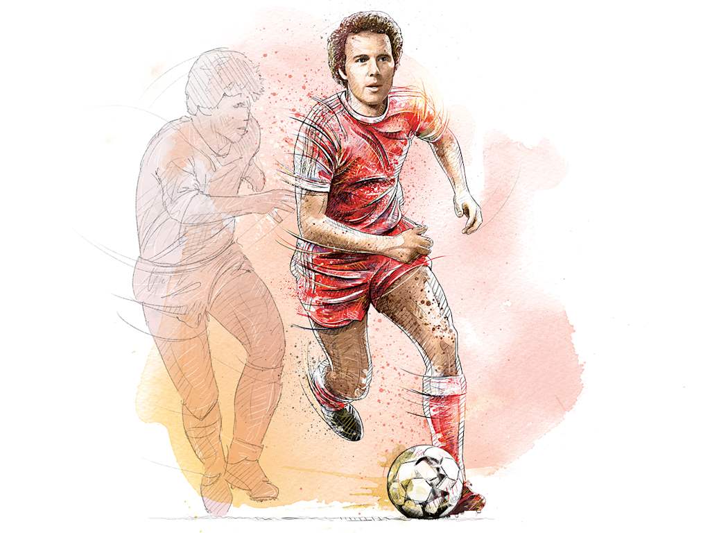 Eine Illustration zeigt Franz Beckenbauer im Dribbling.