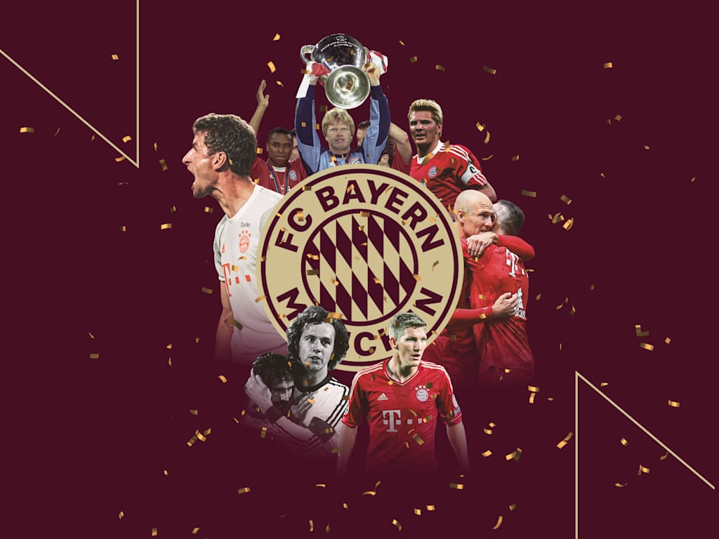Müller, Kahn, Beckenbauer, Schweinsteiger & Co around a golden Bayern logo