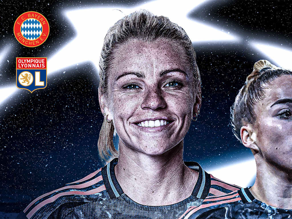 Matchday-Grafik für das UWCL-Viertelfinal-Hinspiel zwischen den FCB-Frauen und Olympique Lyon.