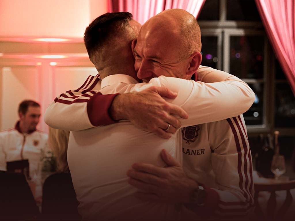 Franck Ribery and Arjen Robben meet before FC Bayern's Beckenbauer Cup.