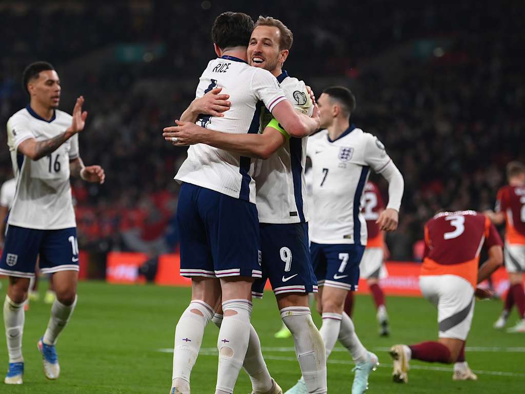 Harry Kane of England celebrates with Declan Rice of England after scoring during the FIFA World Cup 2026 European Qualifier between England and Latvia at Wembley Stadium