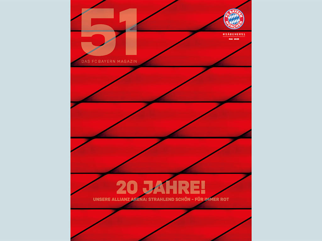 Cover des FC Bayern Mitgliedermagazins 51 im Mai 2025 - Fassade der Allianz Arena
