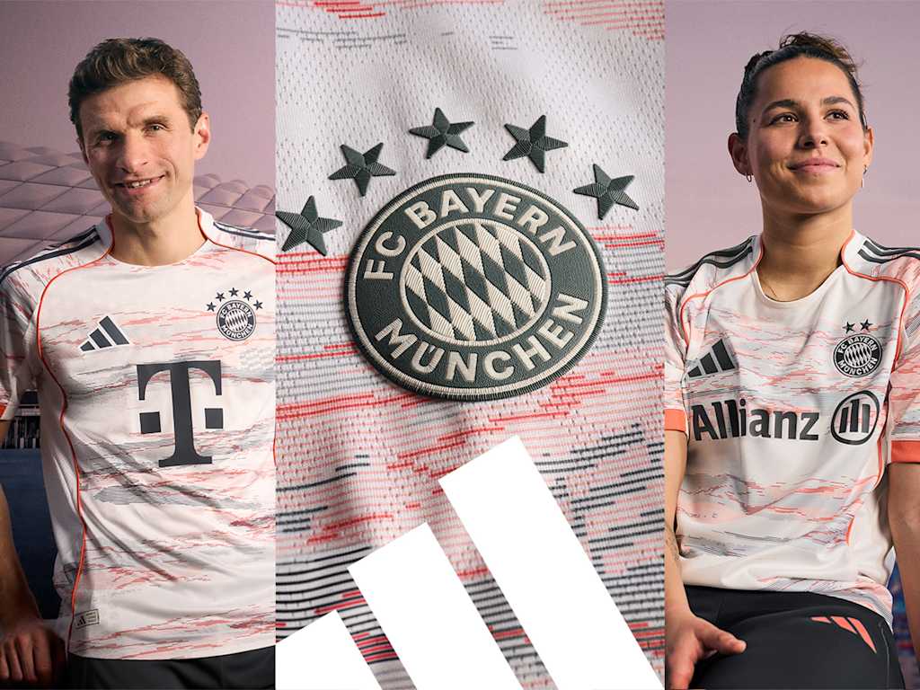 Das neue Auswärtstrikot des FC Bayern für die Saison 2025/26 in Weiß, Grau und leuchtendem Coral ist ab sofort erhältlich.