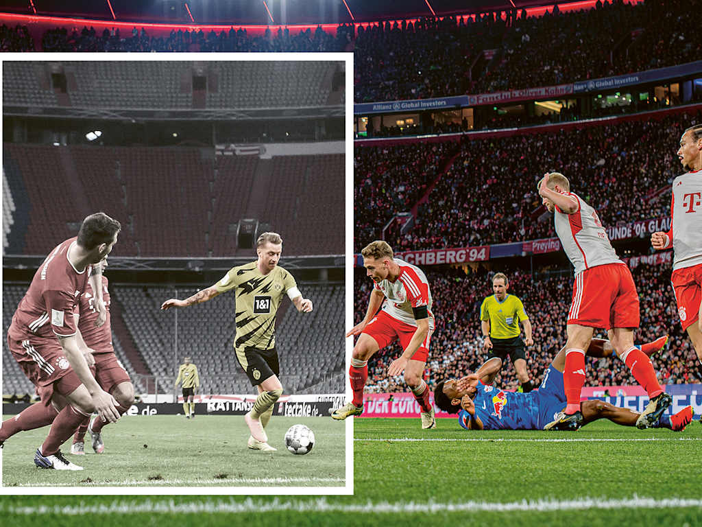 Collage: An FC Bayern match at a sold-out Allianz Arena, with a cutout from the Covid era with empty stands