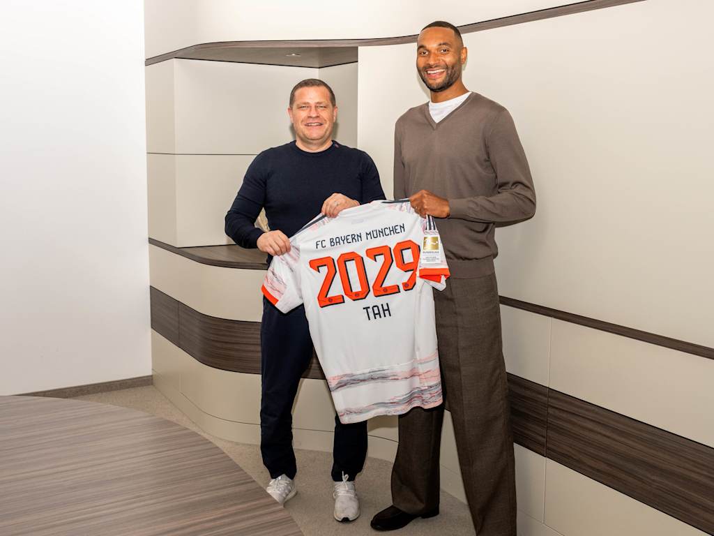 FC Bayern board member for sport, Max Eberl, with Jonathan Tah