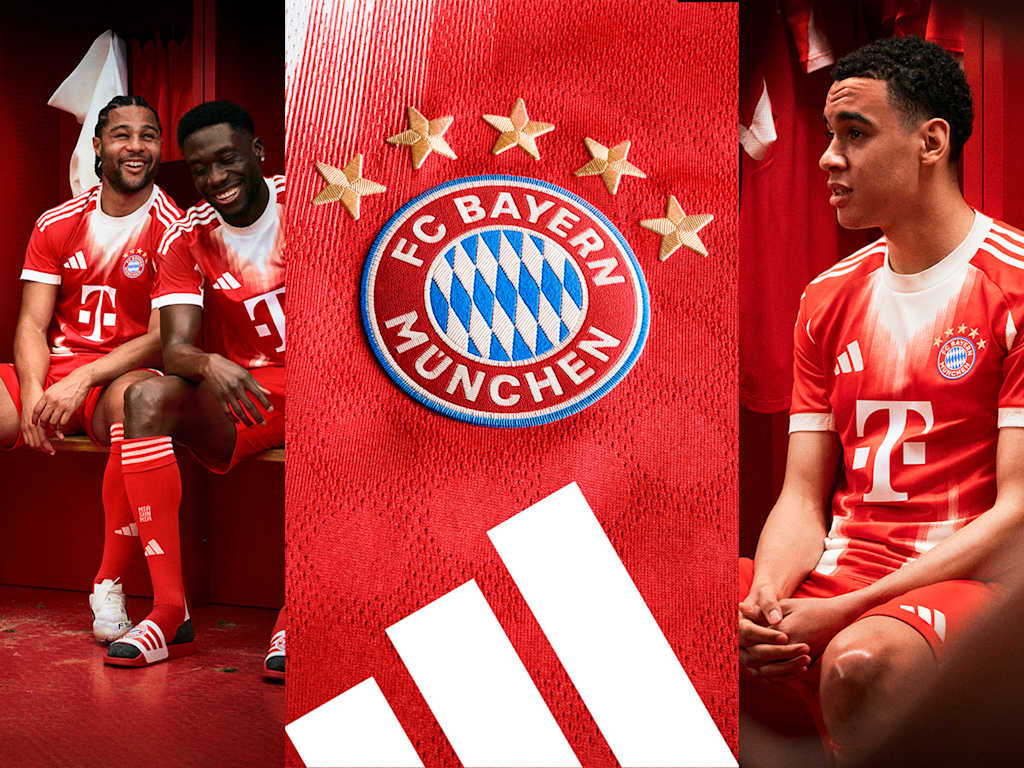 The new FC Bayern Home Jersey 25/26 red & white with a stylised M – now available!