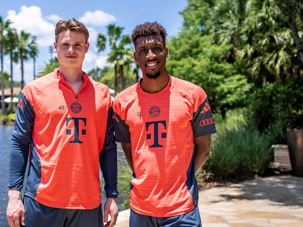 Jonas Urbig and Kingsley Coman outside FC Bayern's base camp at the Club World Cup