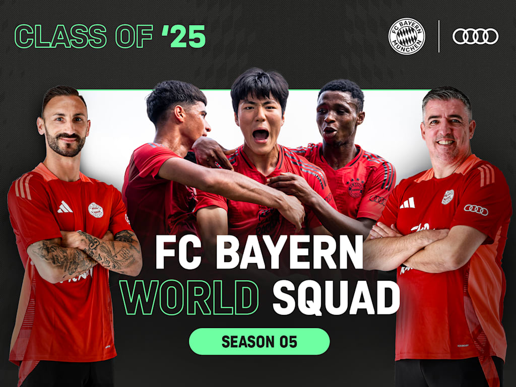 Grafik mit Spielern des FCB World Squad und den Trainern Roy Makaay und Diego Contento
