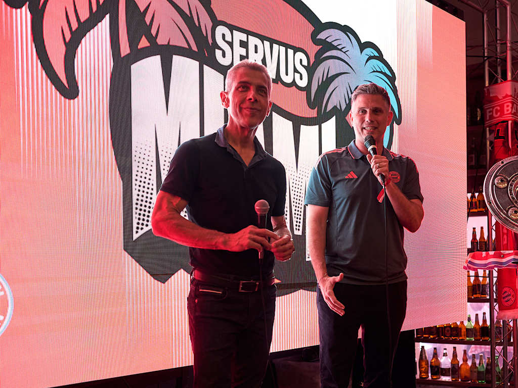 Michael Diederich gives a talk at the fan event at the Fritz & Franz Bierhaus in Miami