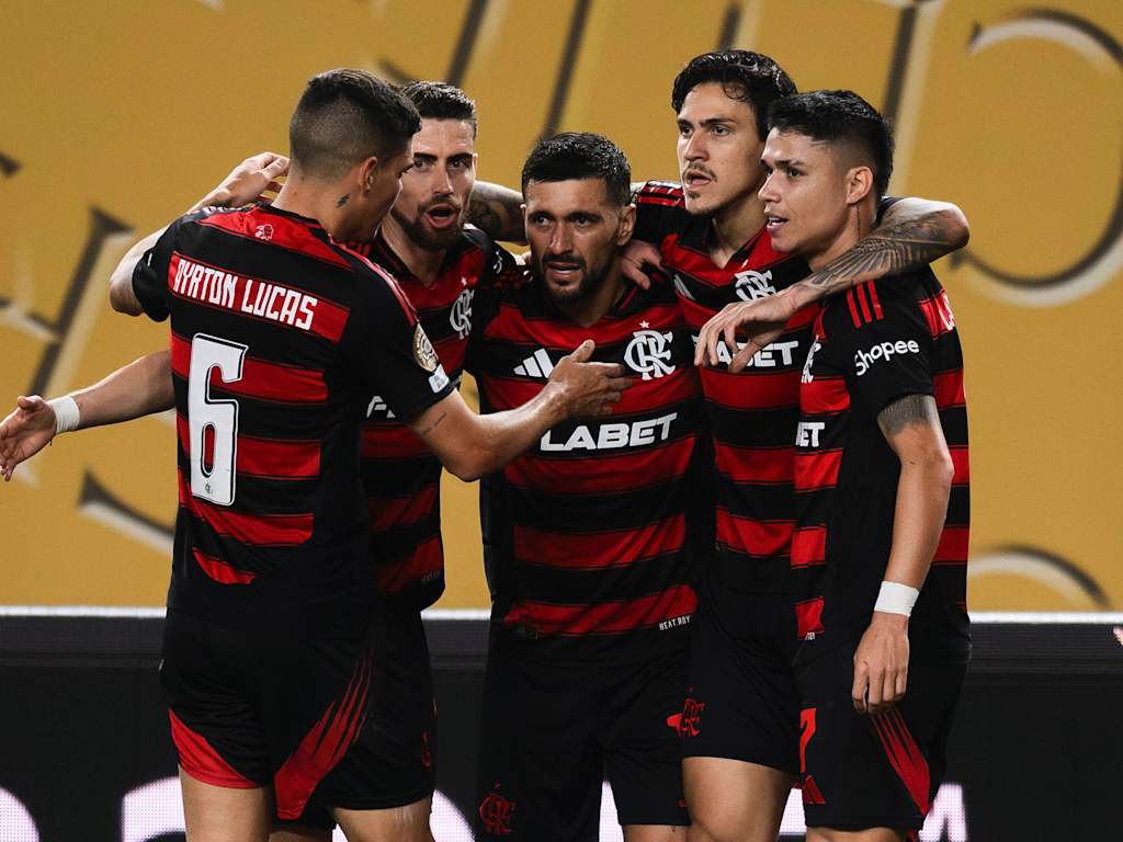 CR Flamengo players celebrate a goal at the Club World Cup.