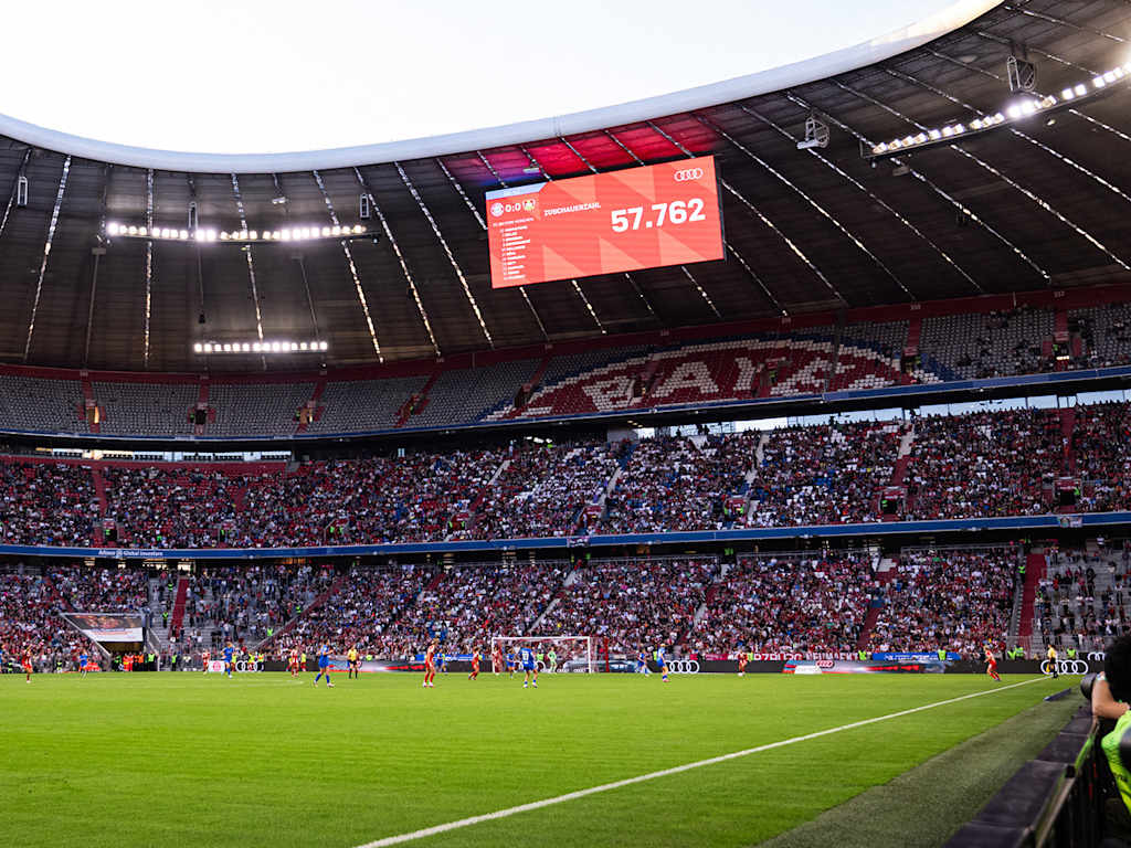 Scoreboard showing the attendance at FC Bayern Women's match against Bayer Leverkusen