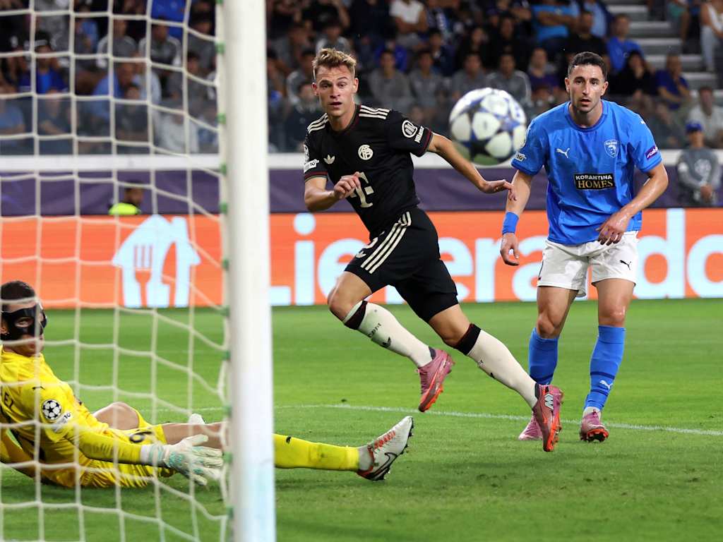 Joshua Kimmich watches his attempt on goal against Pafos