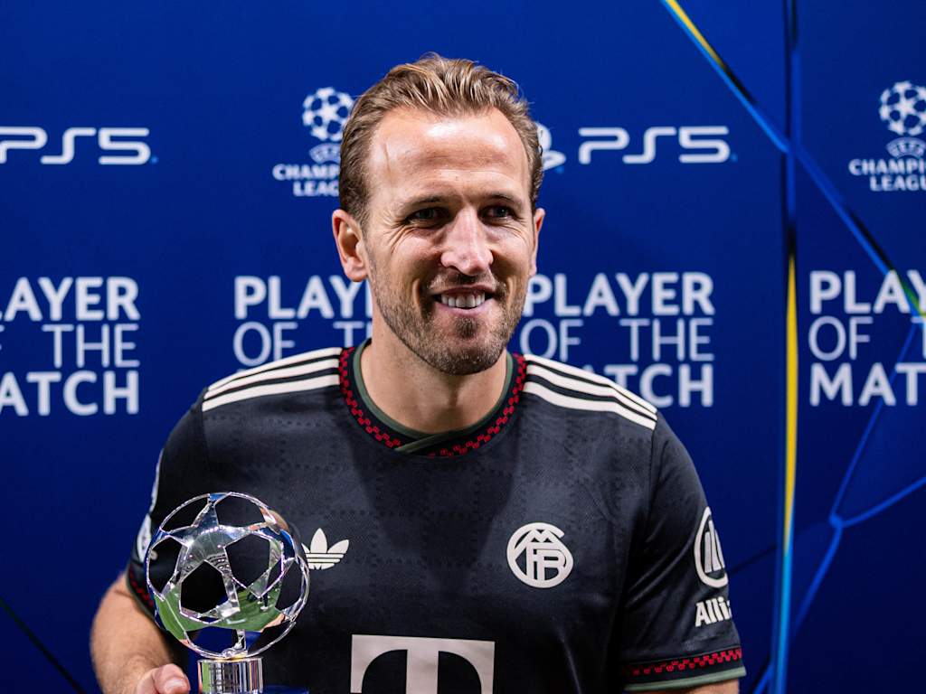 Harry Kane with the Man of the Match trophy after the match at Pafos