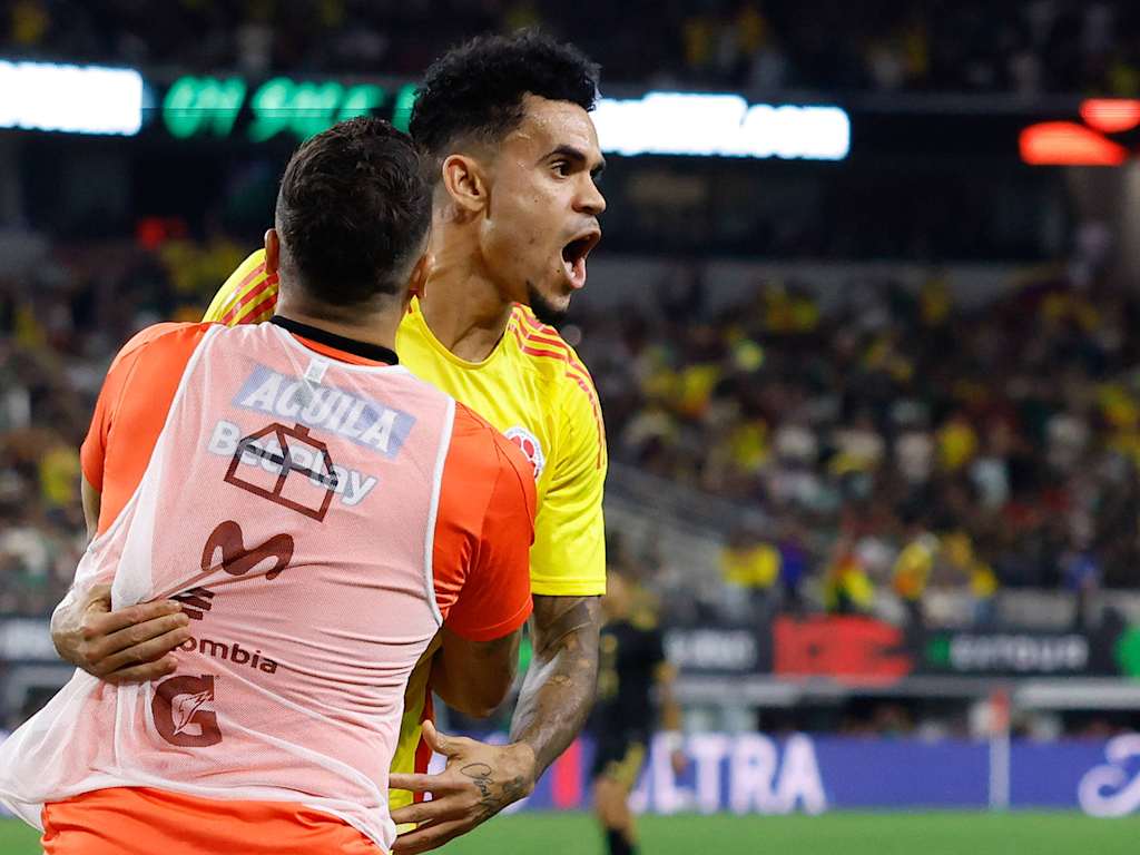 Luis Diaz celebrates with a team-mate after his goal to make it 2-0 in Colombia's friendly against Mexico.
