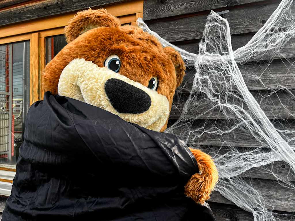 Berni steht mit einem schwarzen Umhang vor einer Hauswand mit Spinnenweben.