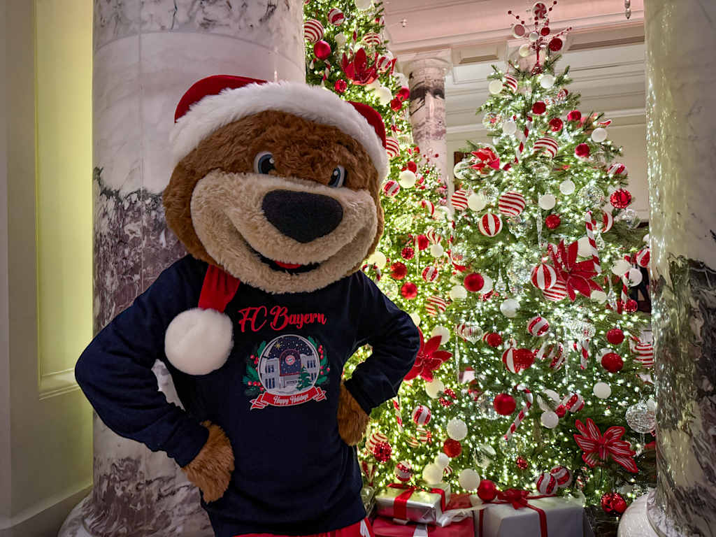Berni steht vor zwei großen, funkelnden Weihnachtsbäumen.