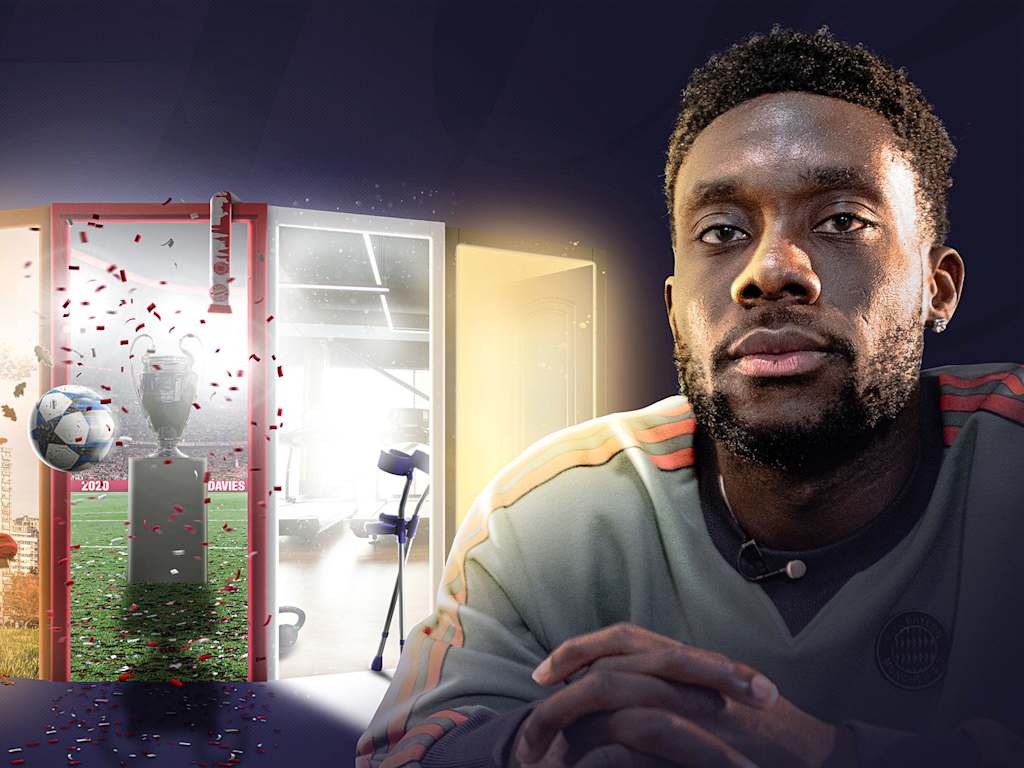 Grafik mit einem Foto von Alphonso Davies und fünf Türen