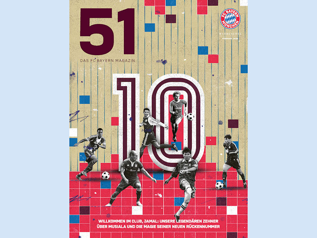 Cover des FC Bayern Magazin 51 Februar 2026 mit einer Illustration legendärer Zehner beim FC Bayern