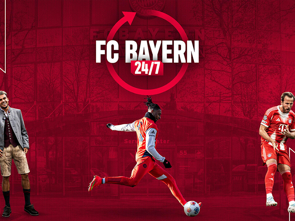 Red graphic with the words FC Bayern 24/7 and Luis Díaz, Michael Olise and Harry Kane