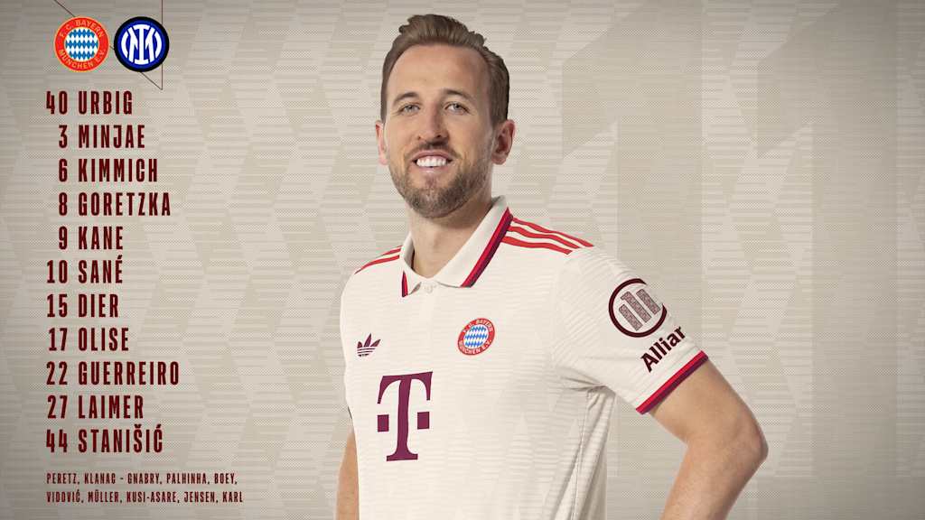 So startet der FC Bayern gegen Inter Mailand: Urbig – Minjae, Kimmich, Goretzka, Kane, Sané, Dier, Olise, Guerreiro, Laimer, Stanišić. Einwechselspieler sind: Peretz, Klanac – Gnabry, Palhinha, Boey, Vidović, Müller, Kusi-Asare, Jensen, Karl.