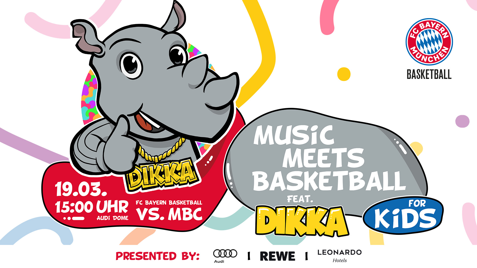 DIKKA trifft am 19.03. am Familienspieltag gegen MBC bei der Premiere von „Music meets Basketball for Kids“  live im Audi Dome auf.