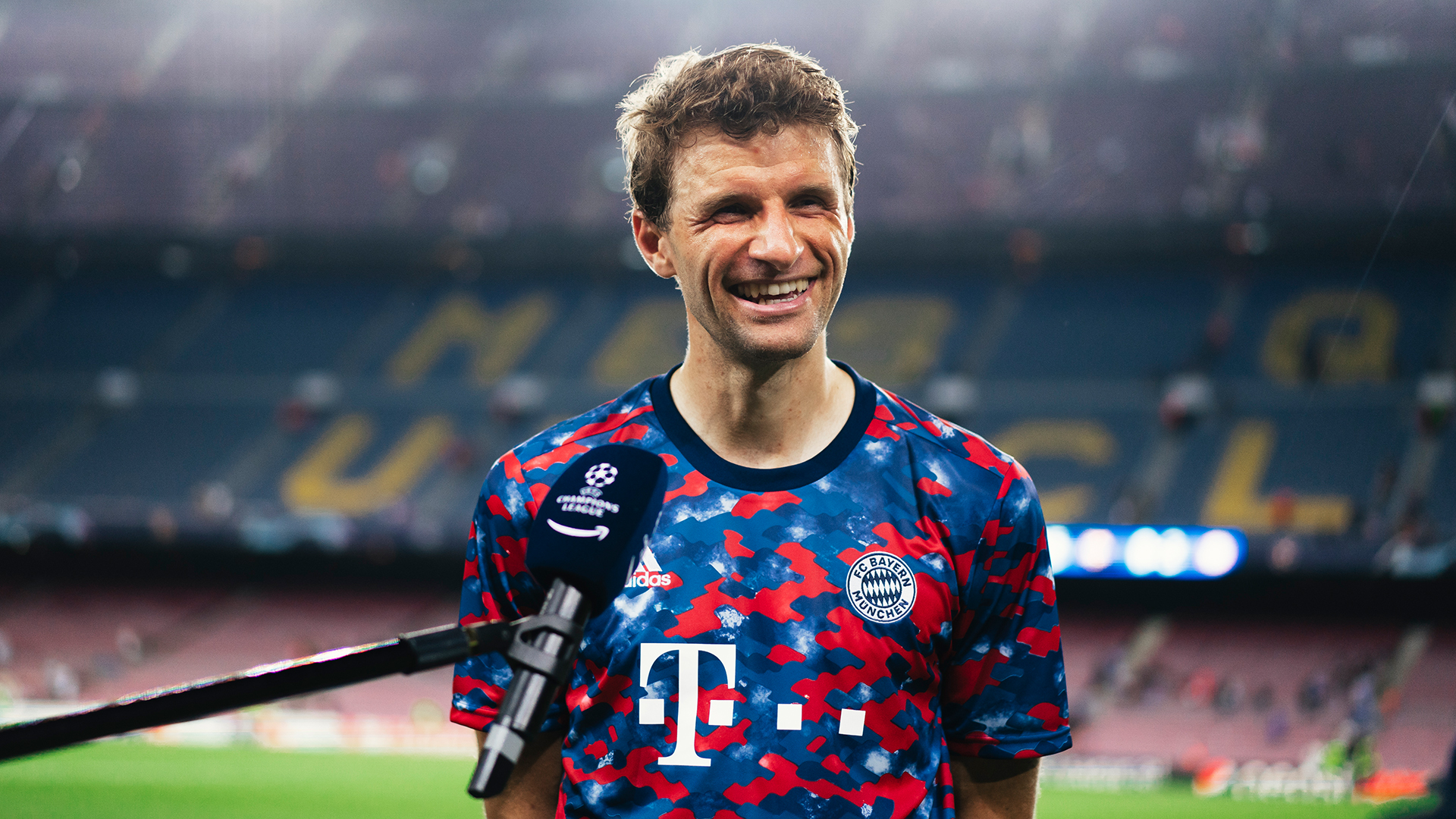 Thomas Müller giving an interview after the Champions League game at Barcelona.