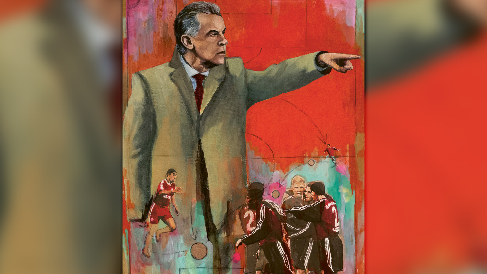 Illustration of coach Ottmar Hitzfeld with Bayern players by David Diehl