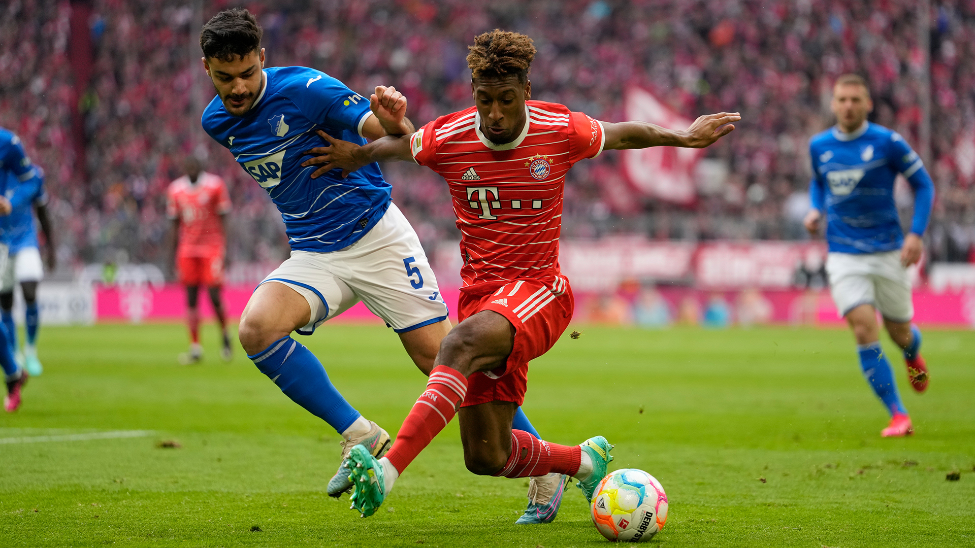 Kingsley Coman im Zweikampf im Bundesliga-Spiel gegen Hoffenheim im April 2023.