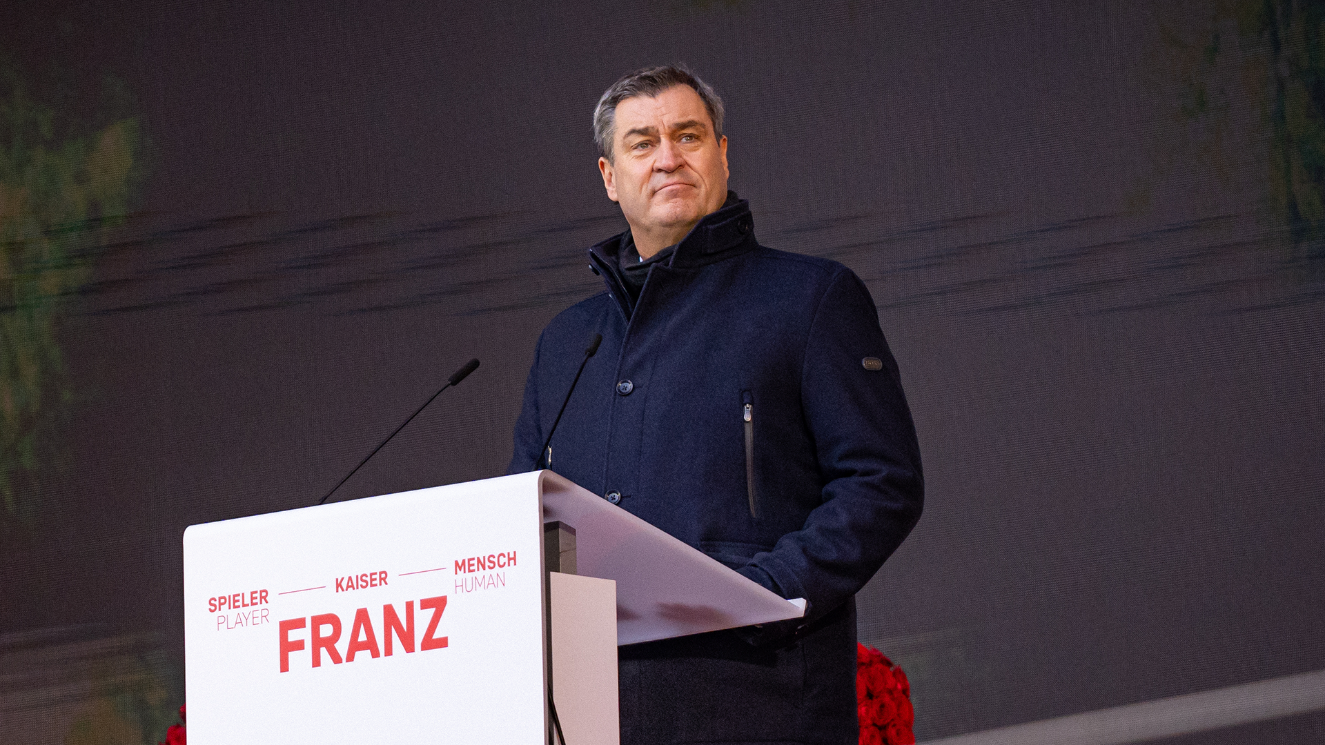 Der bayerische Ministerpräsident Markus Söder würdigte in seiner Rede bei der Gedenkfeier des FC Bayern den verstorbenen Franz Beckenbauer.