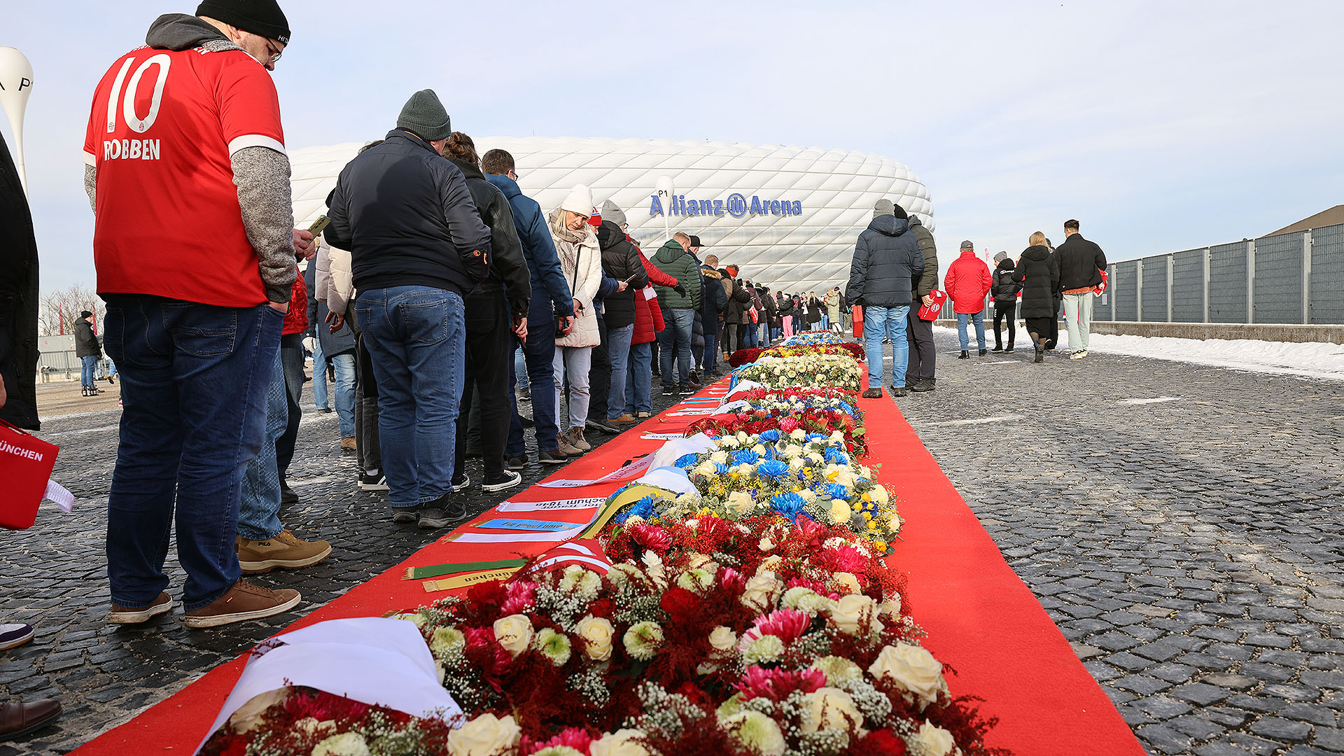 Wreaths for Franz Beckenbauer outside Allianz Arena