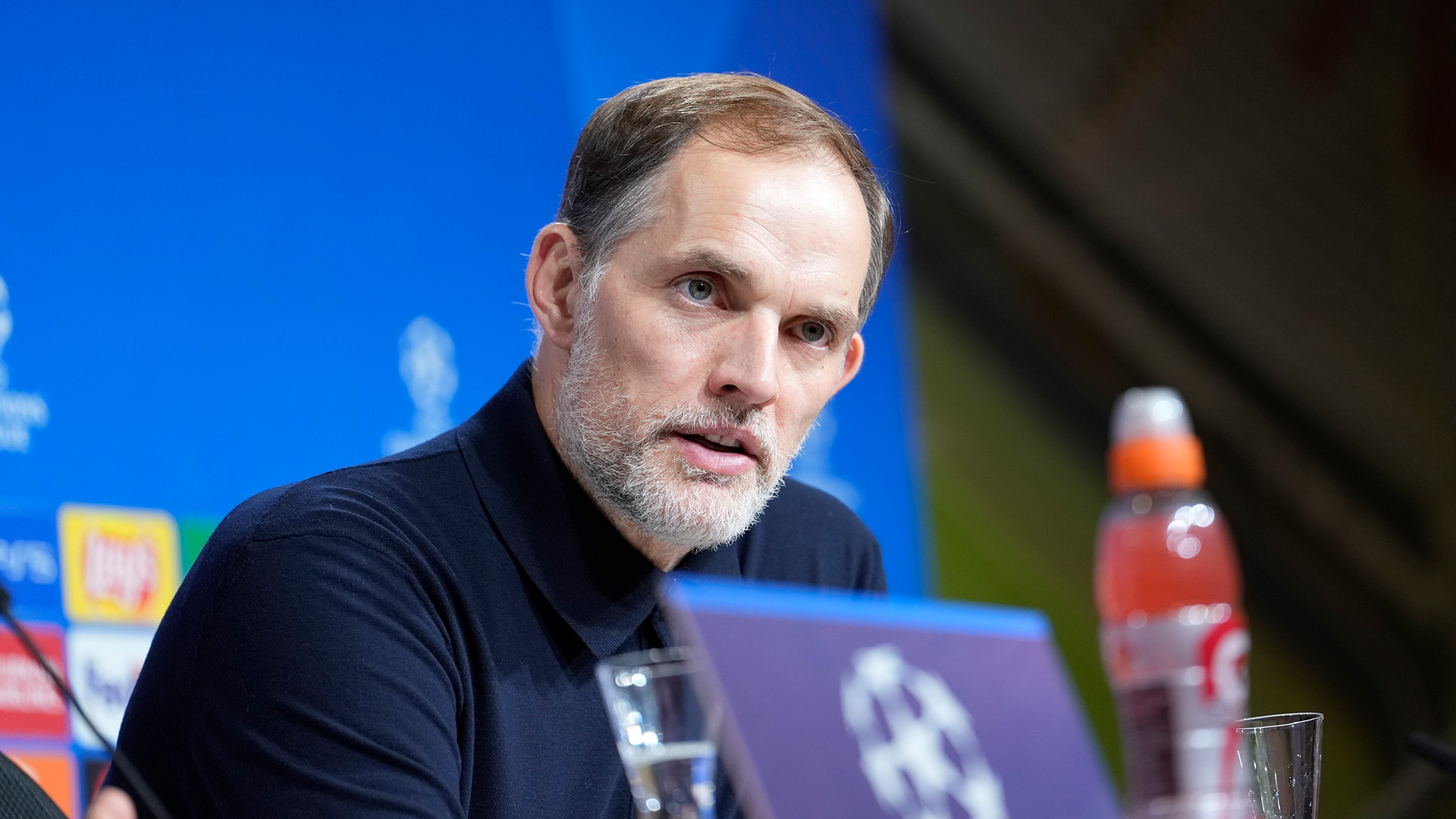 Thomas Tuchel auf der Pressekonferenz des FC Bayern nach dem Champions League-Spiel gegen Lazio Rom