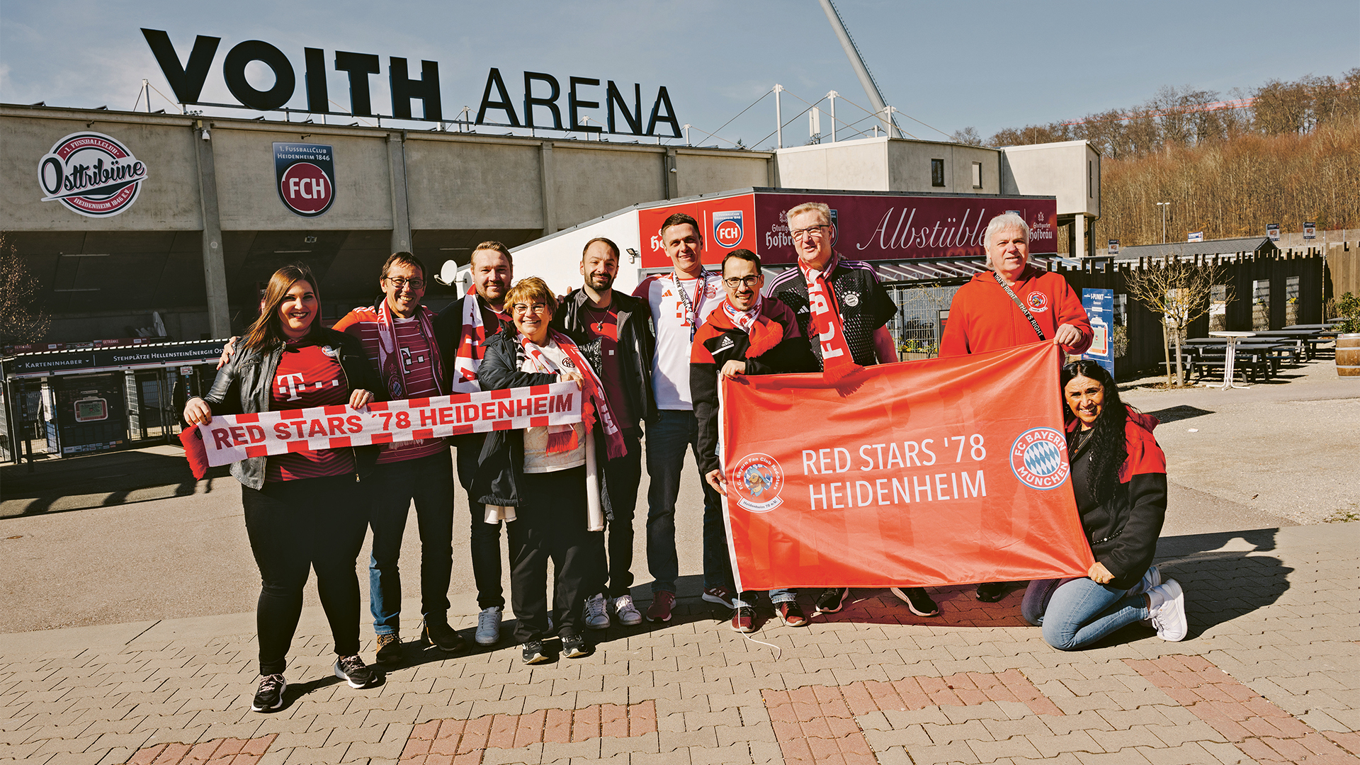 Members of the Red Stars 78 FC Bayern fan club in Heidenheim