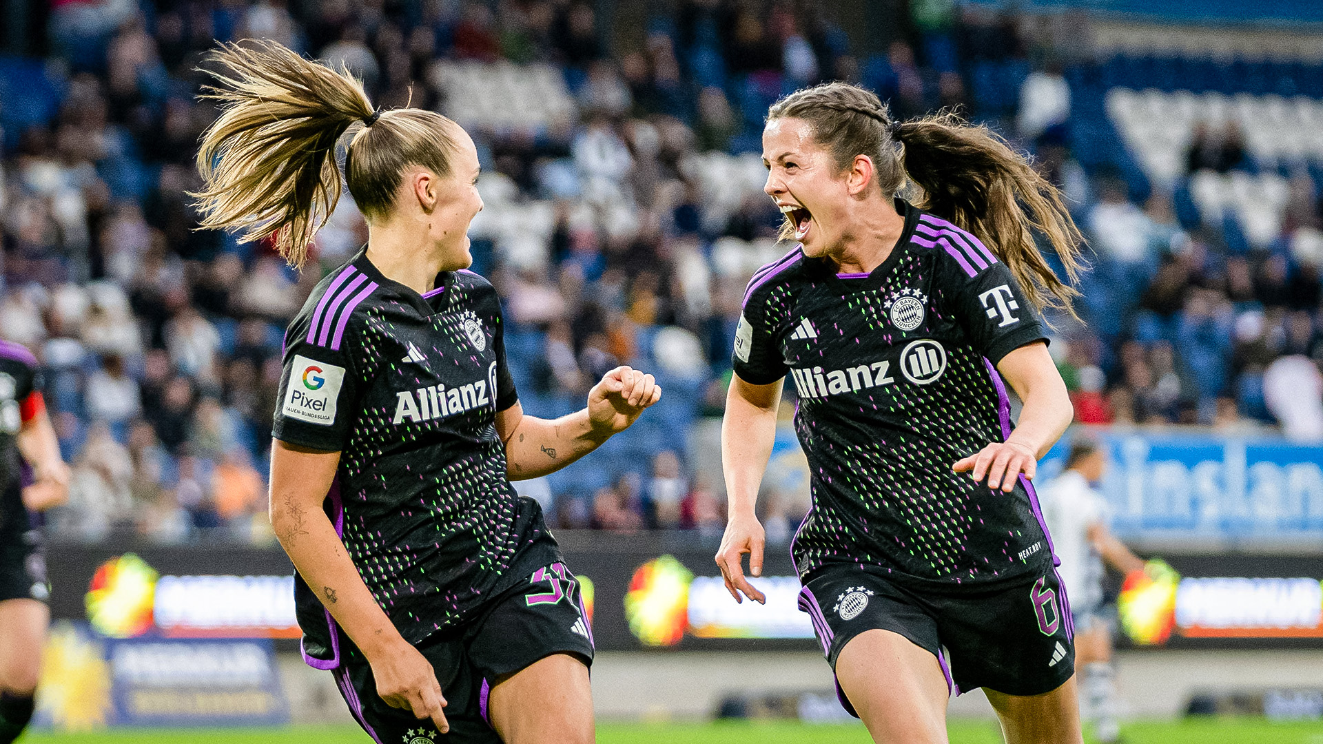 Tuva Hansen, Georgia Stanway, celebration, FC Bayern Women at MSV Duisburg