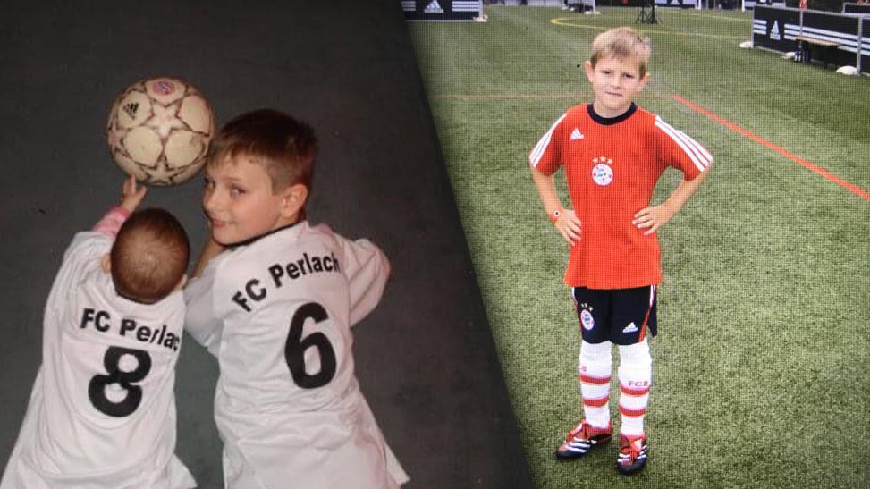 Josip Stanišić as a child in a Bayern shirt and in the jersey of his first club FC Perlach.