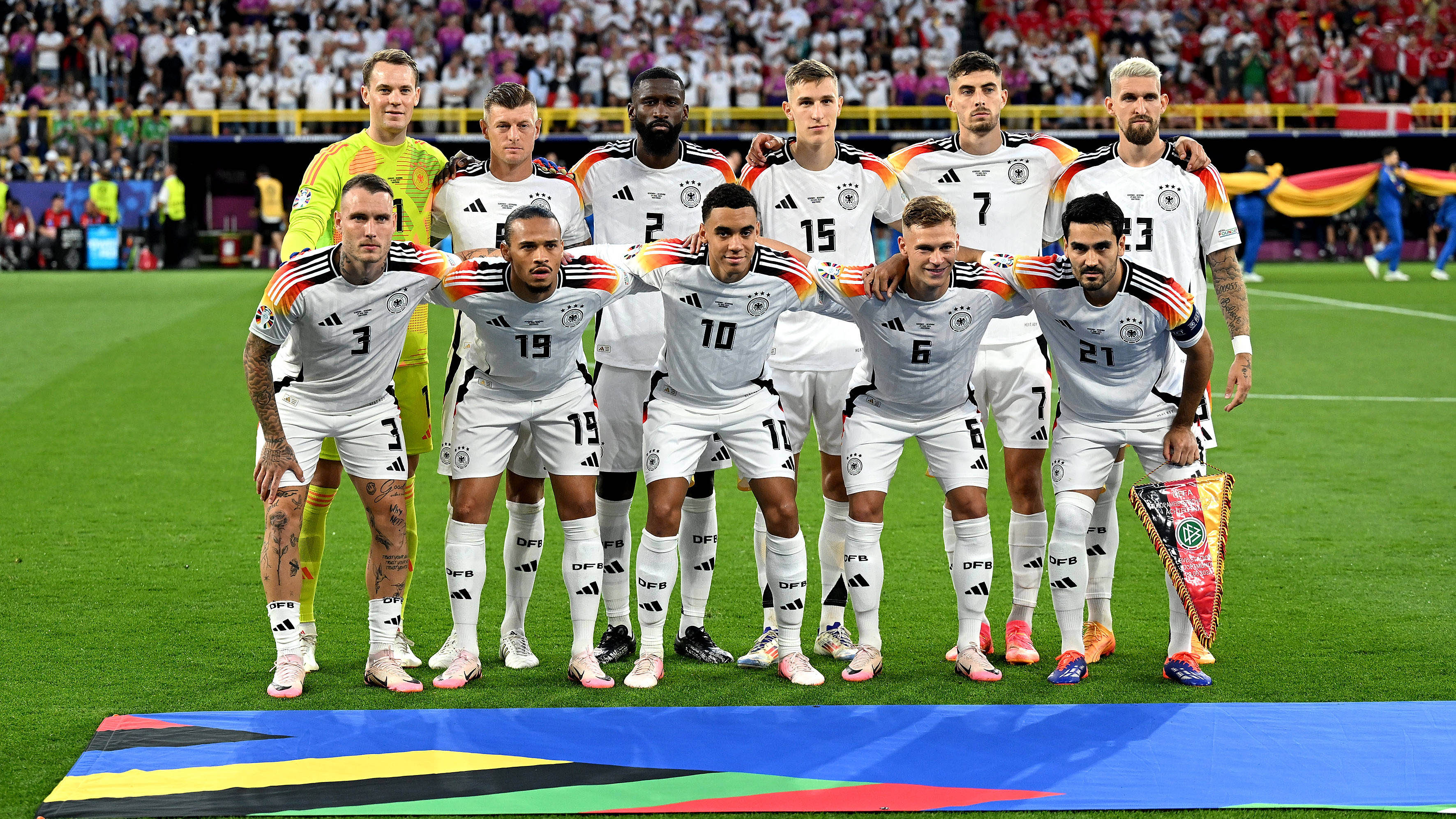 The Germany team pose for a team photo before kick-off against Denmark.