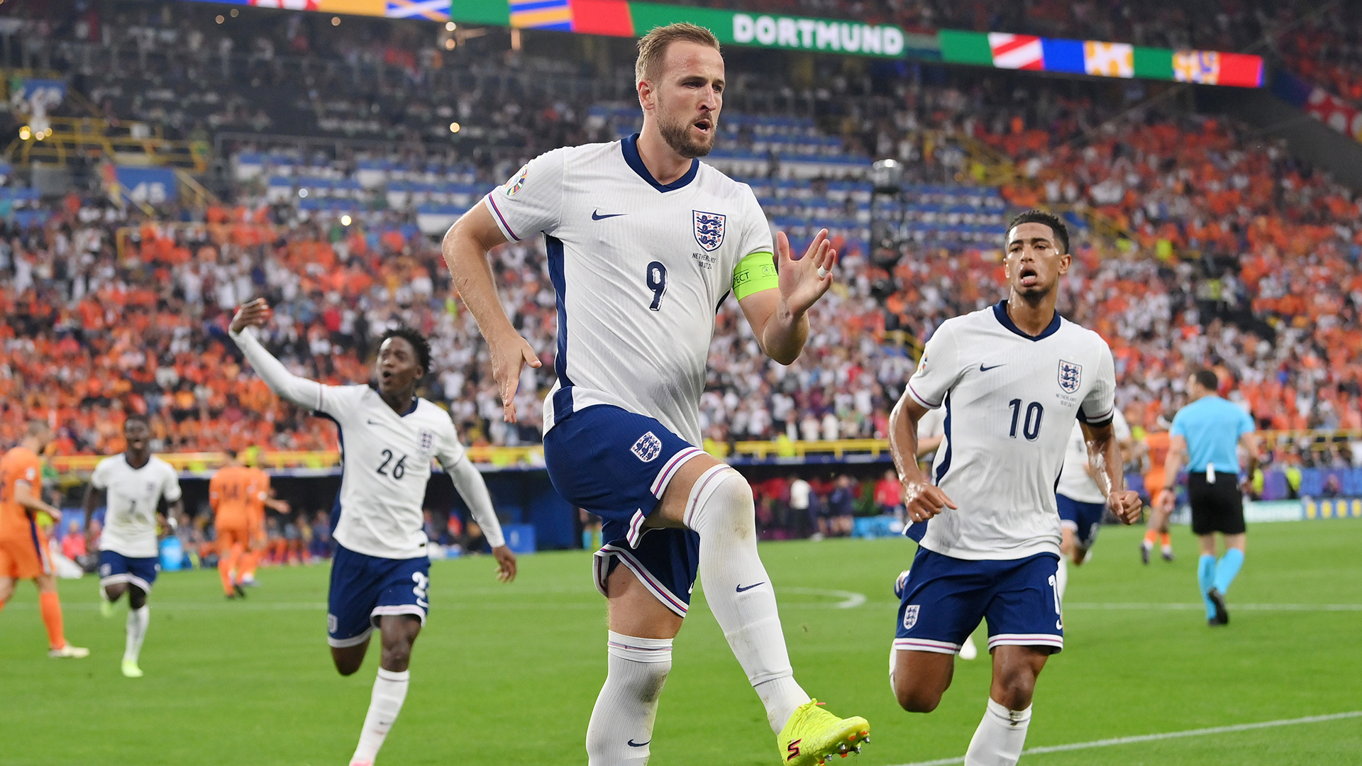 Harry Kane celebrates scoring against the Netherlands.