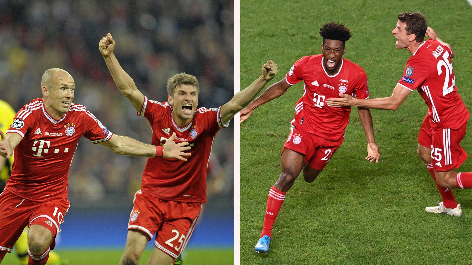 Thomas Müller celebrating goals in the Champions League finals in 2013 and 2020.