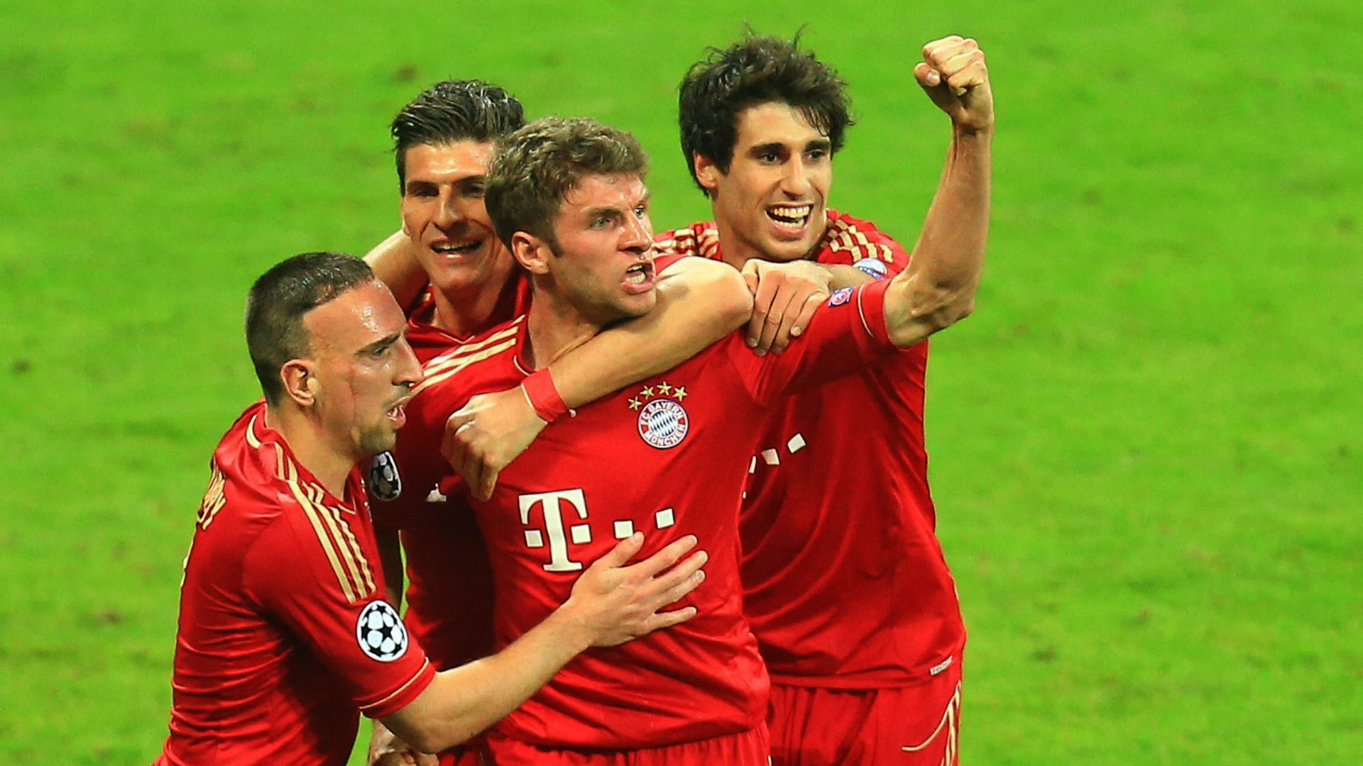 Thomas Müller celebrates a goal for FC Bayern.